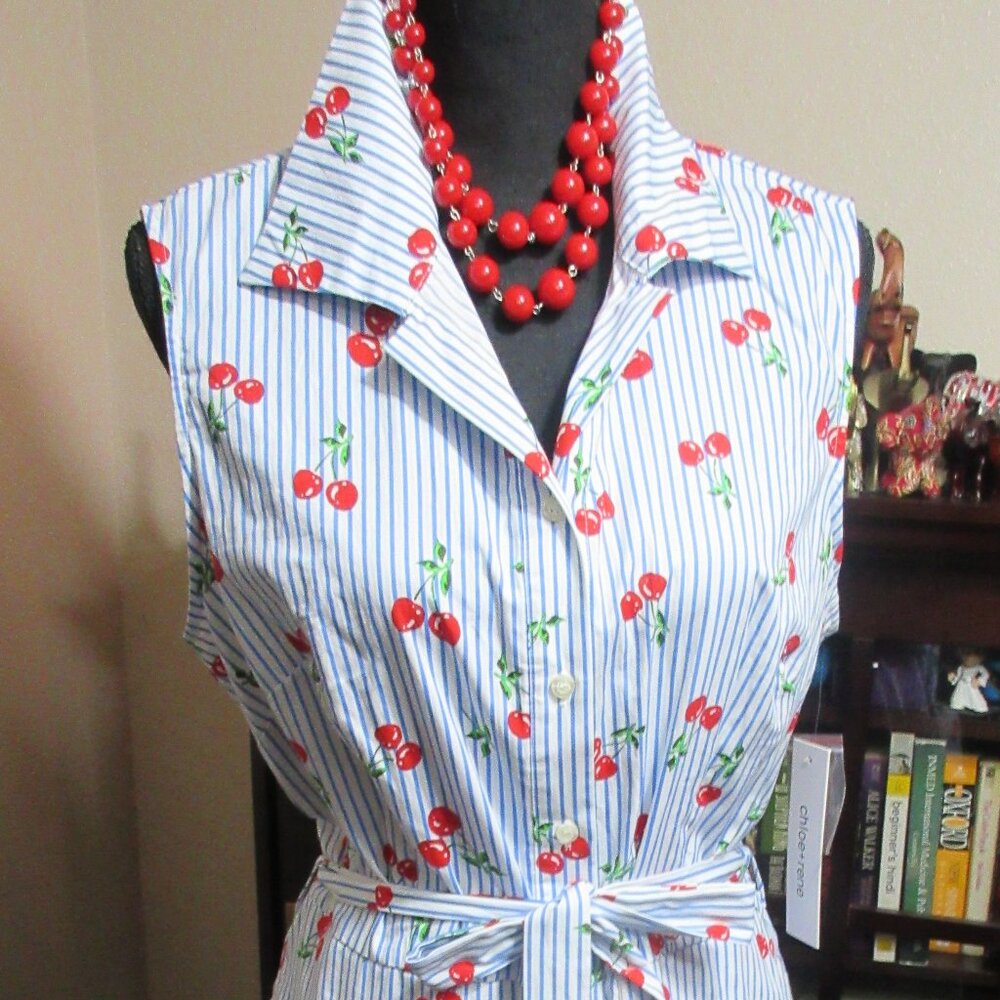 Blue and White Striped Swing Dress with Cherry Designs Size L
